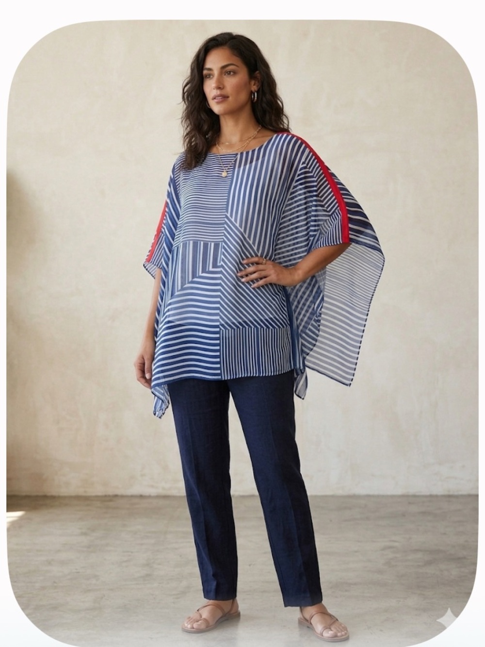 Chico's Navy and White Striped Poncho Top with Red Sleeve Stripe